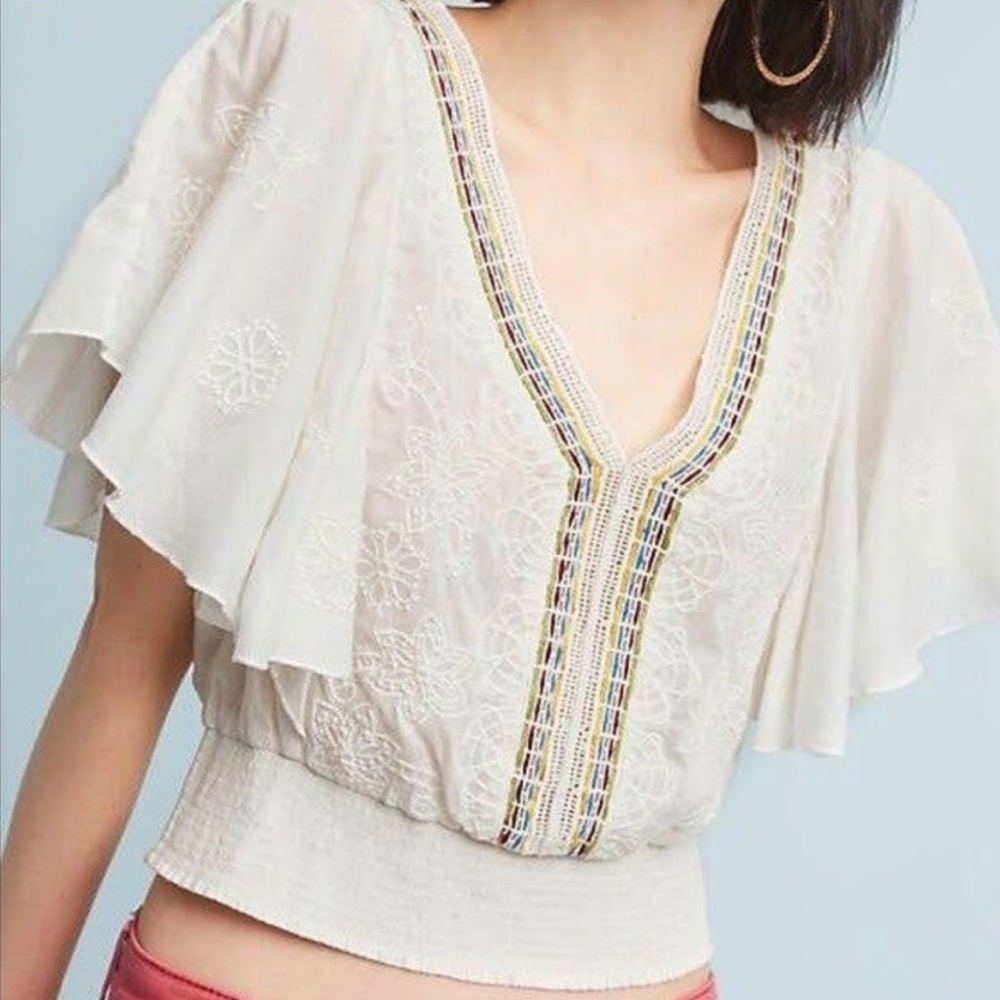 Floreat Anthropologie Aviana Embroidered Crop Top. Flutter Sleeves. Size Large